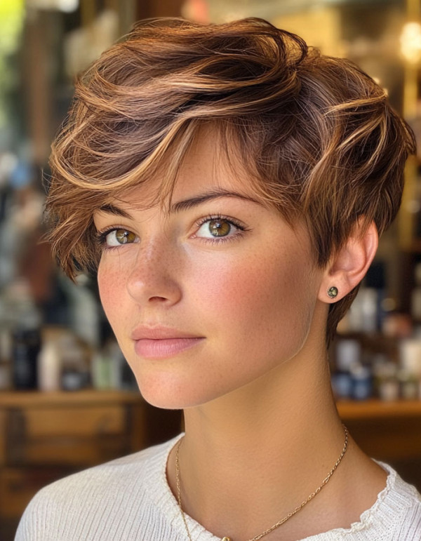 Sun-Kissed Chestnut Pixie, short haircut, pixie haircuts