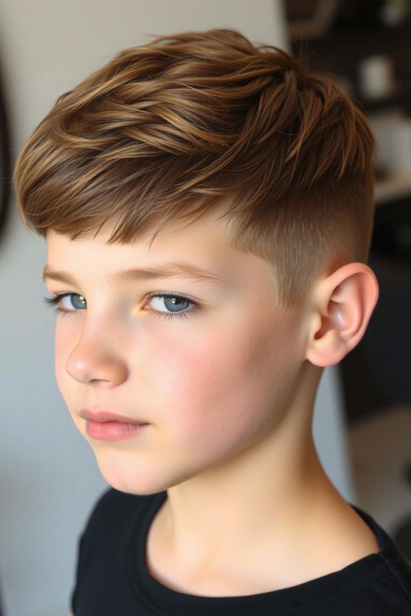 Sleek Fade Brown Hair, trendy haircut for Sleek Fade brown hair, young boys, Youthful Hairstyle for Tween Boys