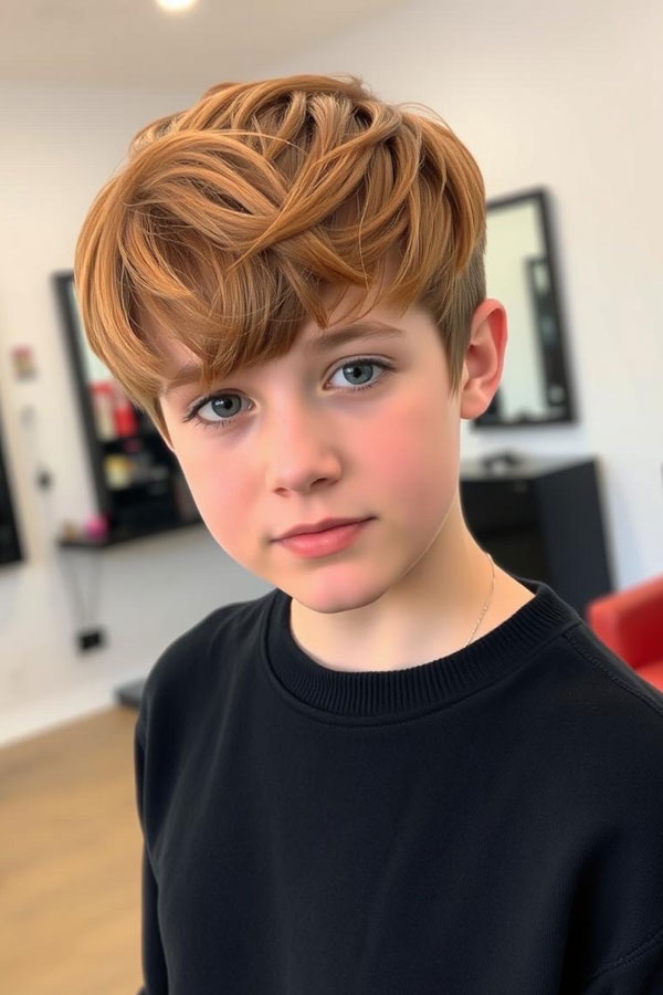 33 Fresh & Youthful Hairstyles for Tween Boys : Auburn Haircut with Long Fringe