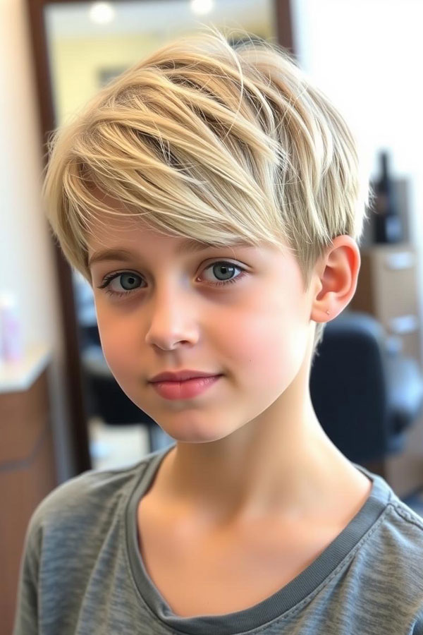 The Soft Blonde Sweep, trendy haircut for young boys, Youthful Hairstyle for Tween Boys