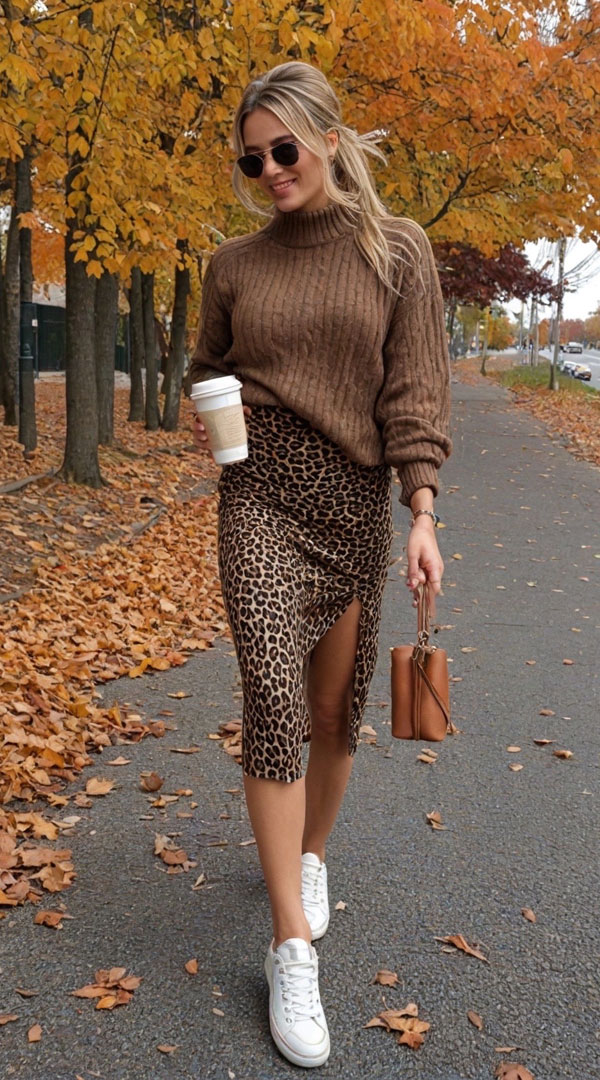 leopard skirt autumn outfit look, Effortlessly Stylish Fall Look