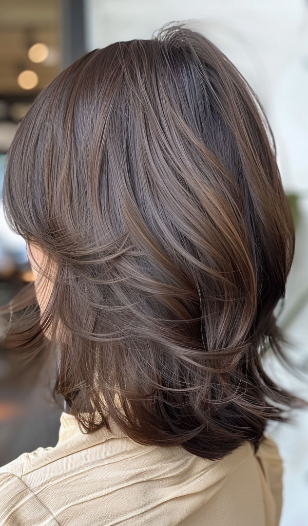 Silky Brunette Layers, medium-length hairstyle