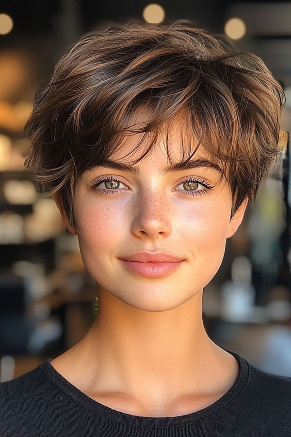 Soft Cinnamon Pixie, effortless pixie haircut, short haircuts for women