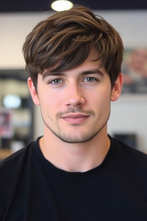 35 Modern Men Hairstyles : Dark Brown Short Haircut with Soft Fringe