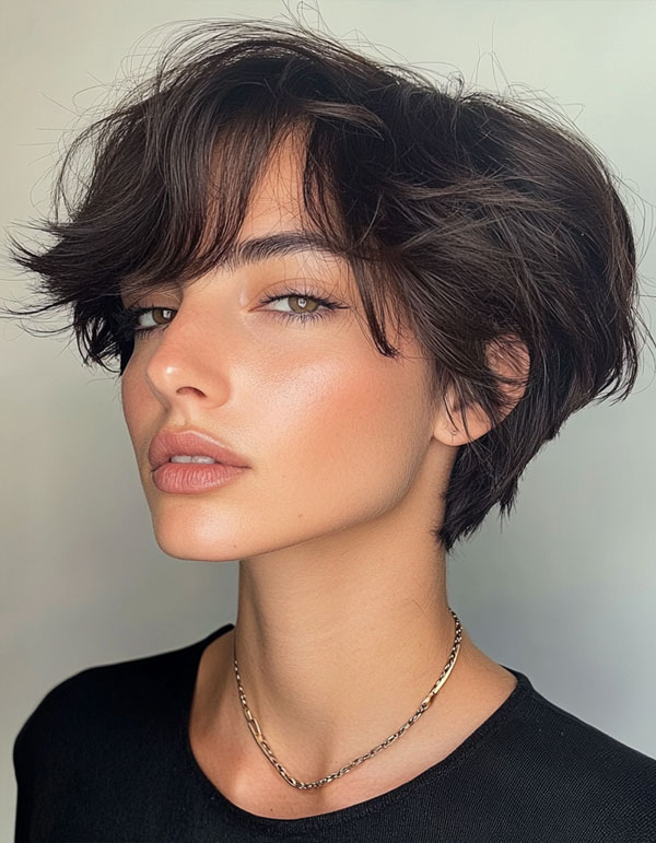 Tousled Espresso Pixie, effortless pixie haircut, short haircuts for women