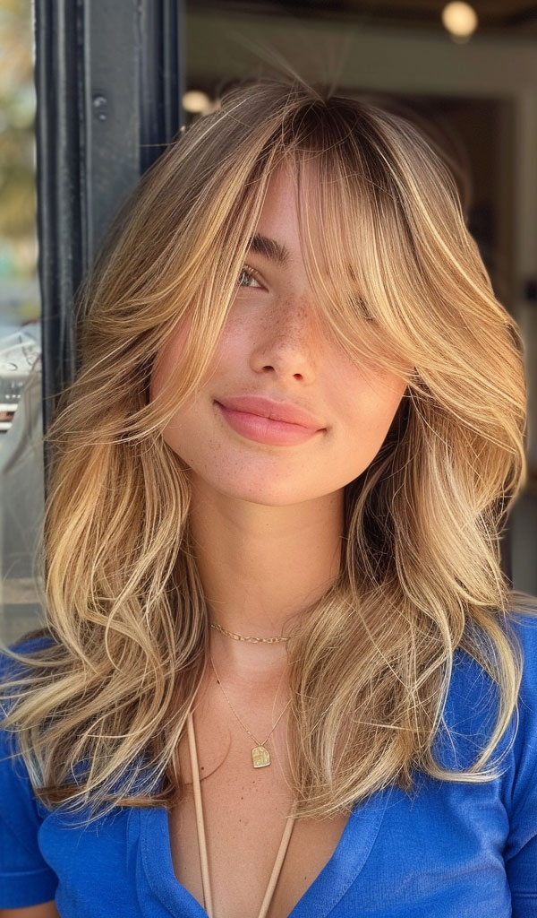 Golden Blonde Layers with Curtain Bangs