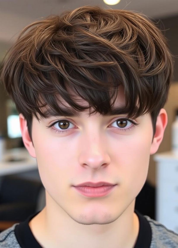 Dark Brown Textured Bowl Cut, Modern Men Hairstyle, men haircut