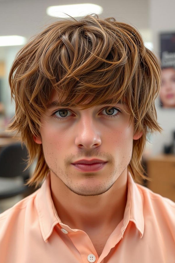 Warm Honey-Brown Shaggy Layers, Modern Men Hairstyle, men haircut