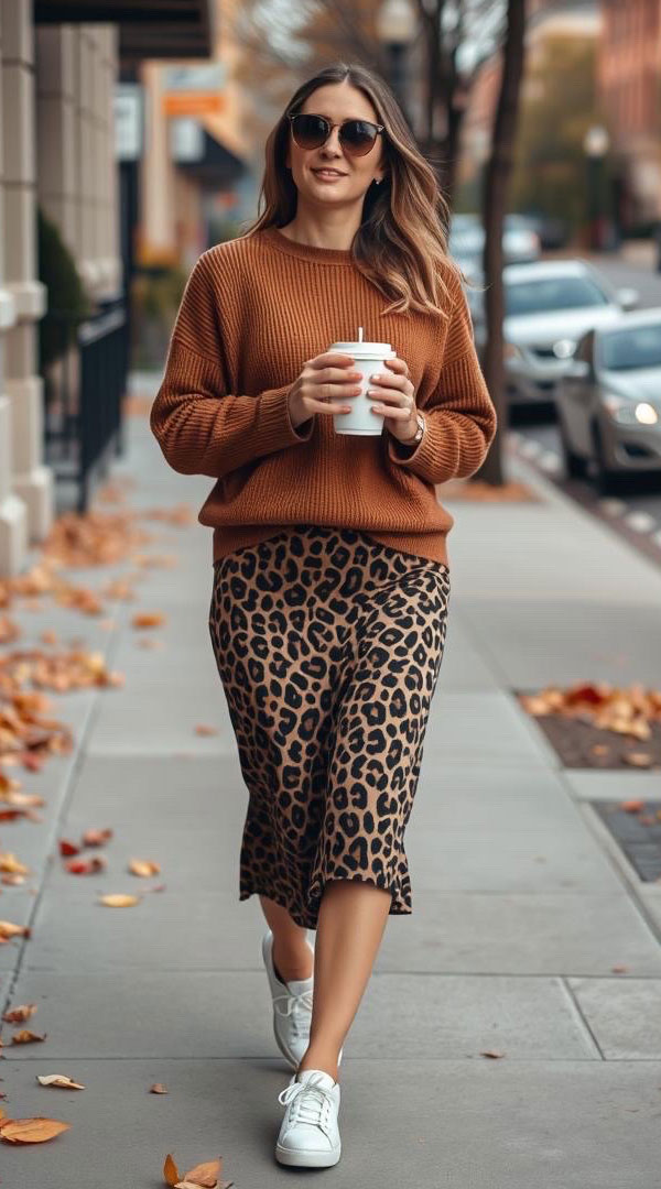 leopard skirt autumn outfit look, Effortlessly Stylish Fall Look