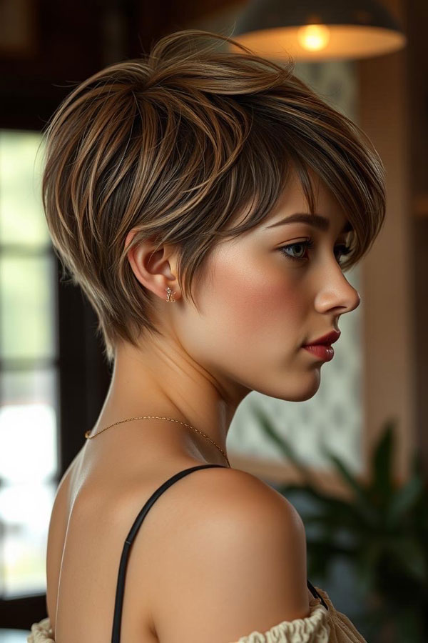 Caramel Whisper Pixie, effortless pixie haircut, short haircuts for women