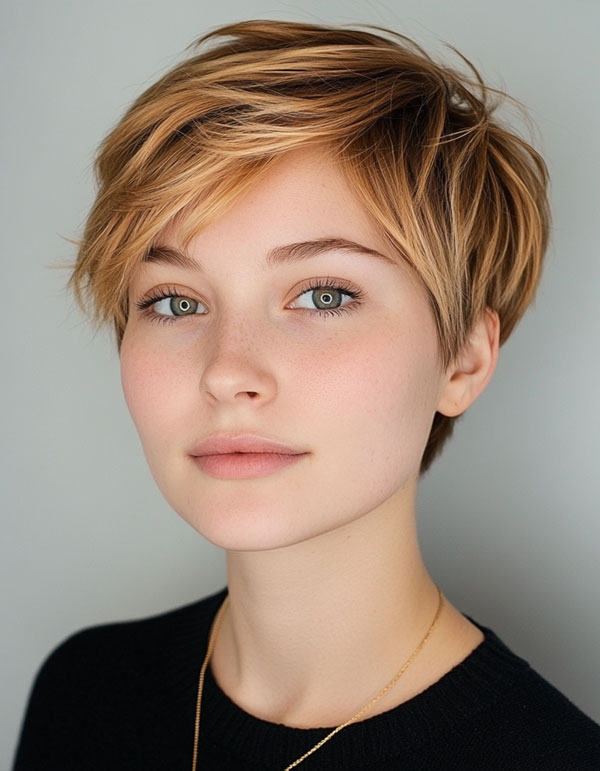 Soft Honey Blonde Pixie, cute short haircut, trendy short hairstyle, cute way wear hair short