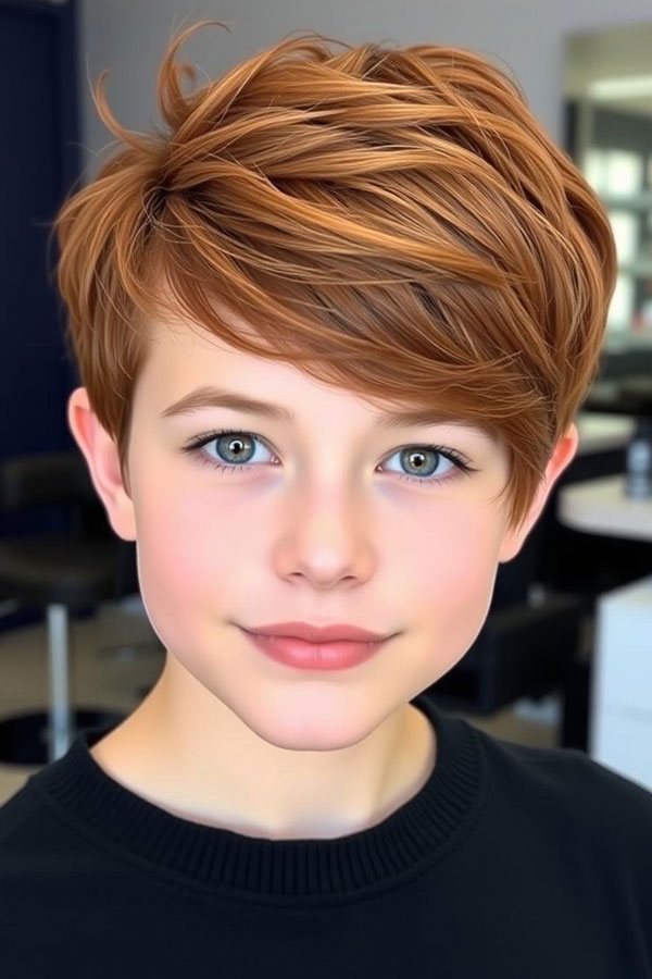 33 Fresh & Youthful Hairstyles for Tween Boys : Rich Auburn Tousled Layers