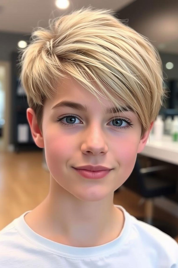 33 Fresh & Youthful Hairstyles for Tween Boys : Blonde Long Side-Swept Fringe