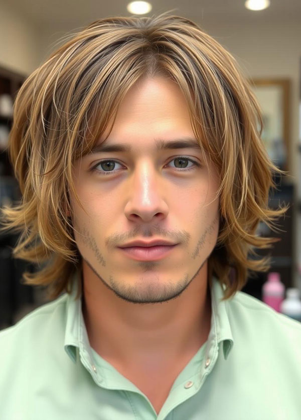 35 Modern Men Hairstyles : Caramel Blonde Relaxed Layered Haircut