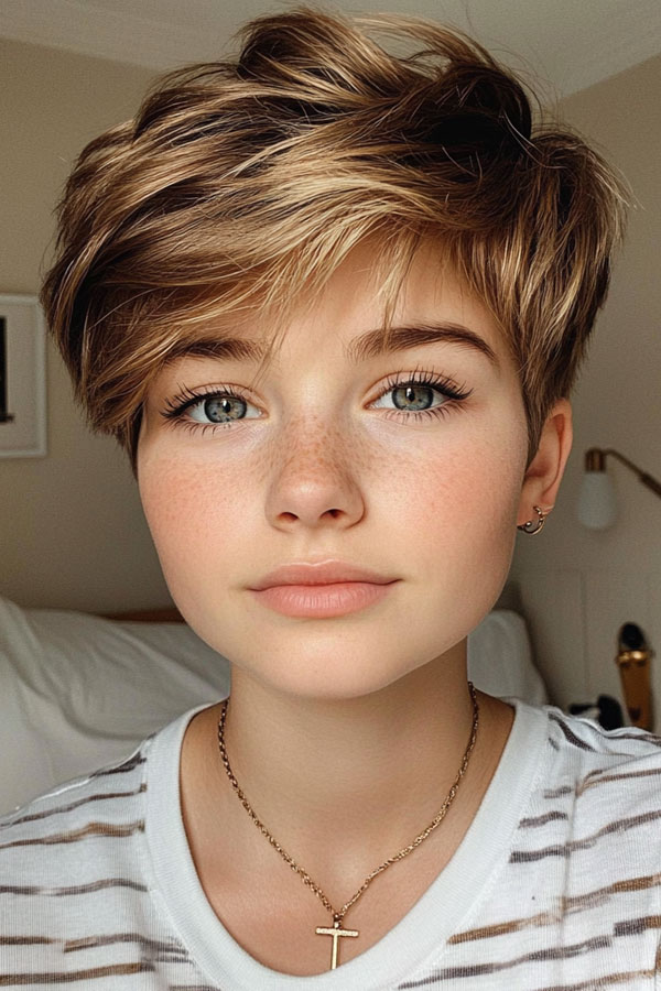 Casual Golden Soft Layered Pixie, effortless pixie haircut, short haircuts for women