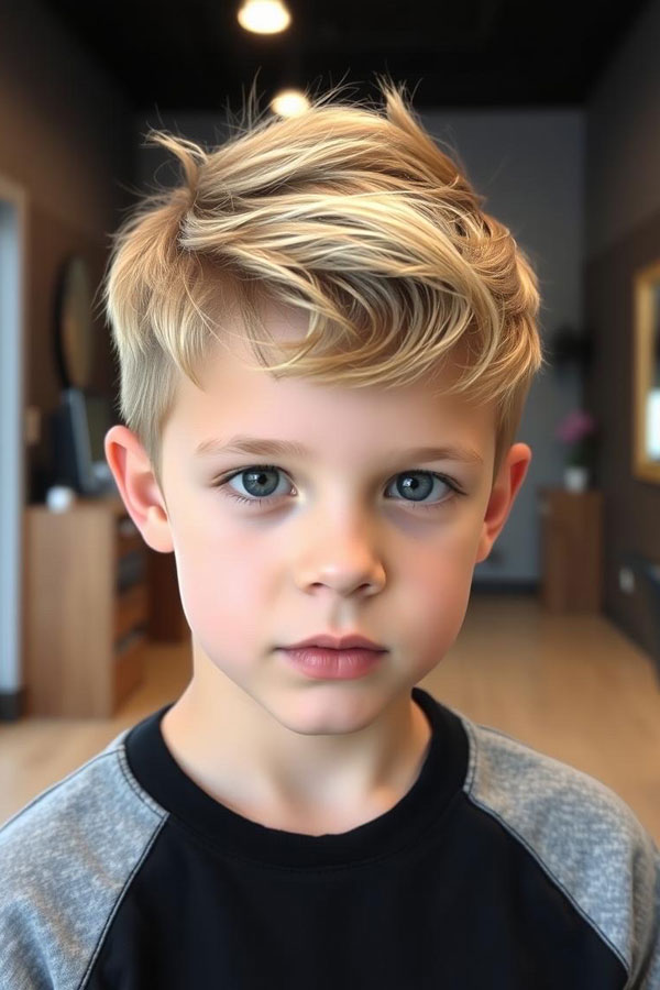 Light Blonde Windswept Wave, trendy haircut for young boys, Youthful Hairstyle for Tween Boys