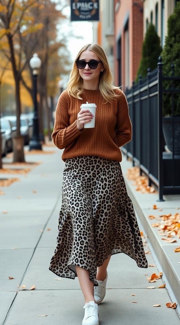 leopard skirt autumn outfit look, Effortlessly Stylish Fall Look