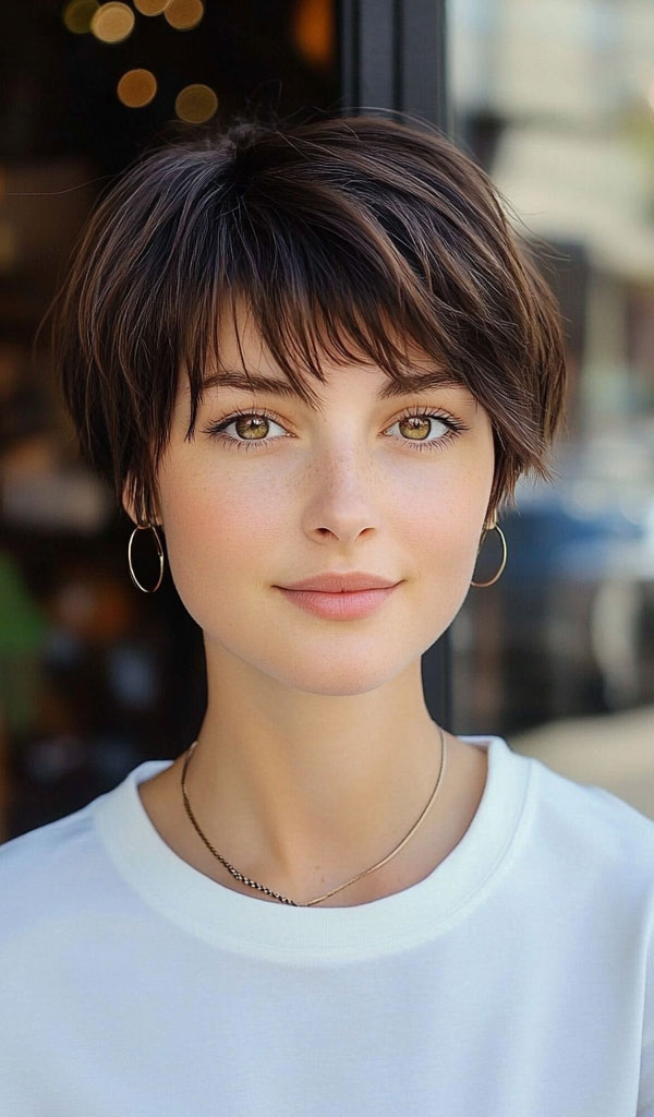 Deep Brown Pixie with a Soft Fringe, cute short haircut, trendy short hairstyle, cute way wear hair short