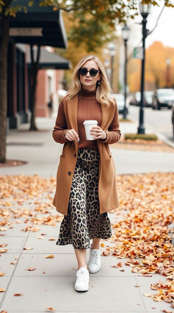 leopard skirt autumn outfit look, Effortlessly Stylish Fall Look