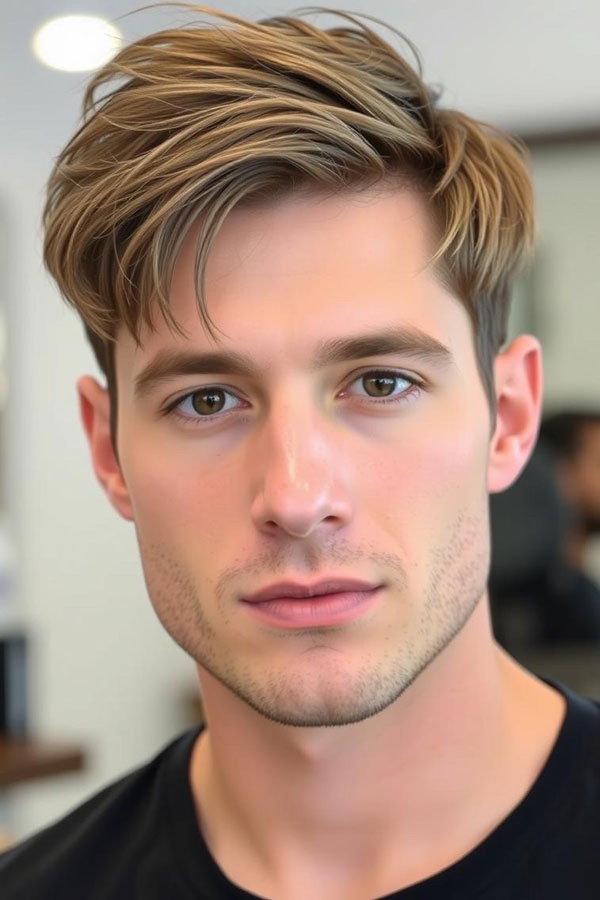 Sleek Side Part Light Brown Haircut, Modern Men Hairstyle, men haircut