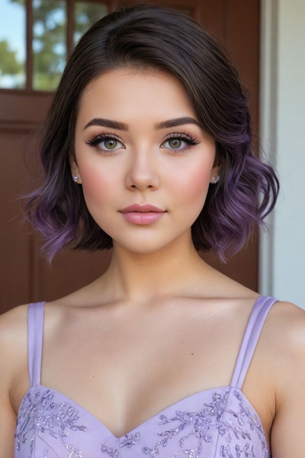 Soft makeup with short hair, Modern Lavender Chic, prom makeup look, soft glam prom makeup