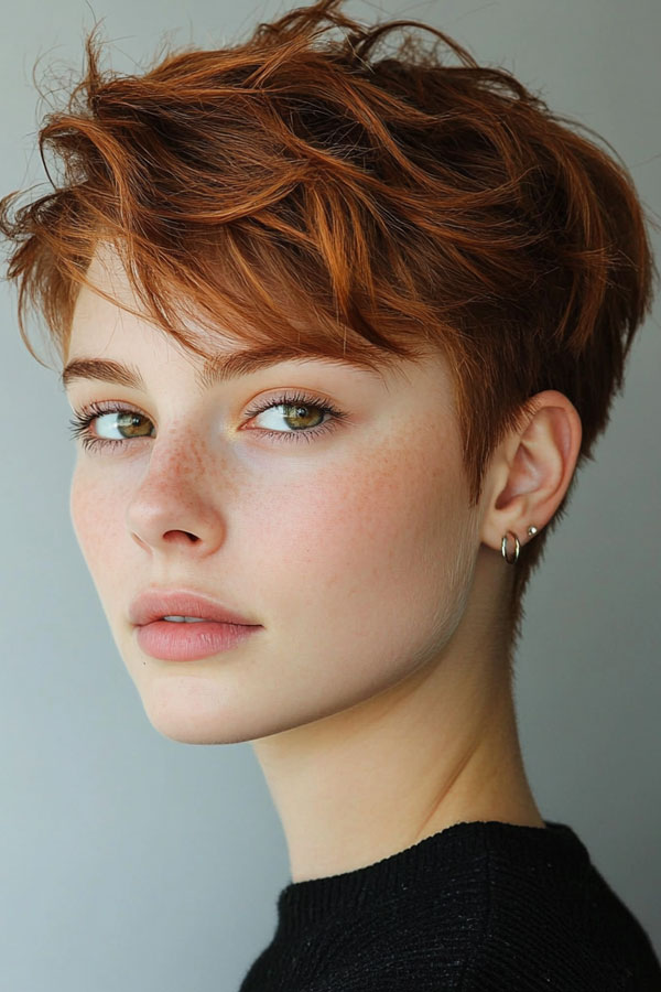 Fiery Copper Pixie, effortless pixie haircut, short haircuts for women