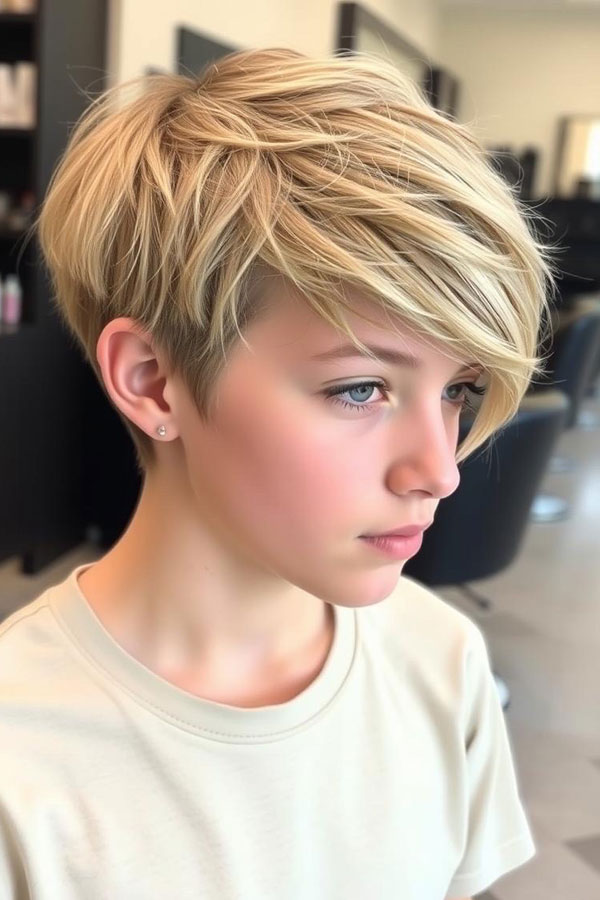 Sandy Blonde Sleek Shag Texture, trendy haircut for young boys, Youthful Hairstyle for Tween Boys