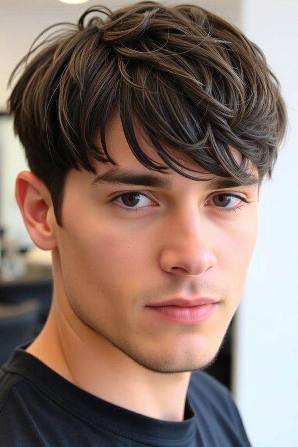 35 Modern Men Hairstyles : Rich Brown Haircut with Textured Fringe