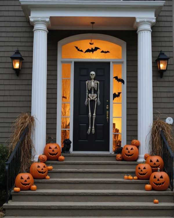 Haunted Halloween Front Door Decors, Skeleton Guard Look