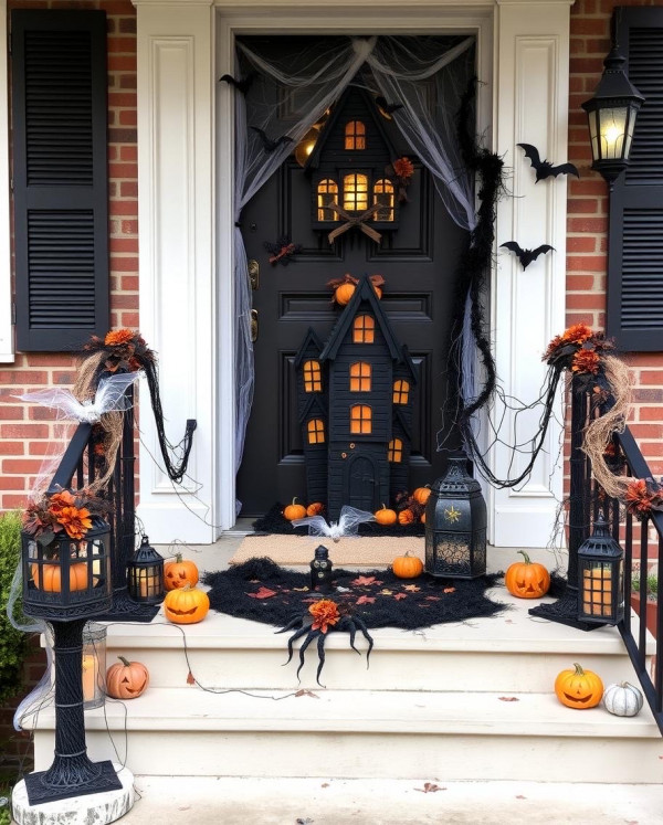 Haunted Halloween Front Door Decors, Spooky Haunted House Display Look