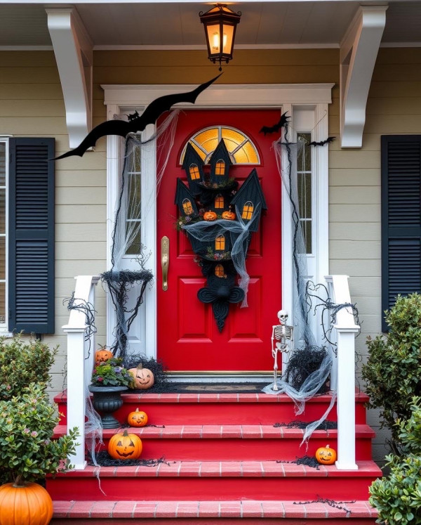 Haunted Manor on Red Look, Haunted Halloween Door Decors