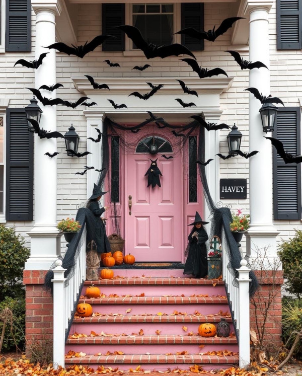 Pink Witch's Halloween Front Door Decor, Haunted Halloween Front Door Decors, pink front door halloween decorations