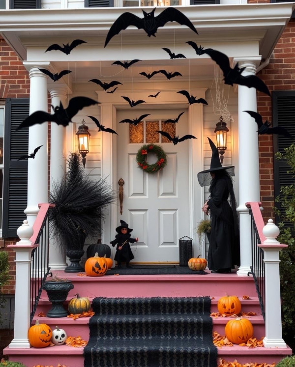 Witch’s Coven Look, Haunted Halloween Front Door Decors, pink front door halloween decorations