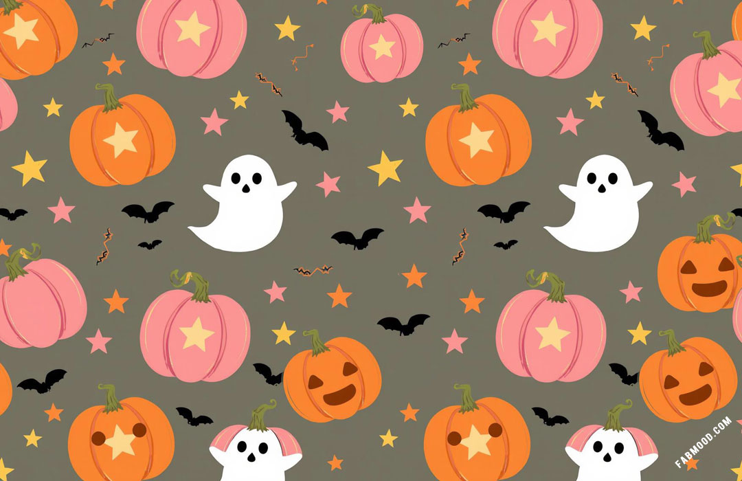 Cheerful Ghost & Vibrant Pumpkins, Halloween wallpaper for laptop, halloween wallpaper for desktop, preppy wallpaper