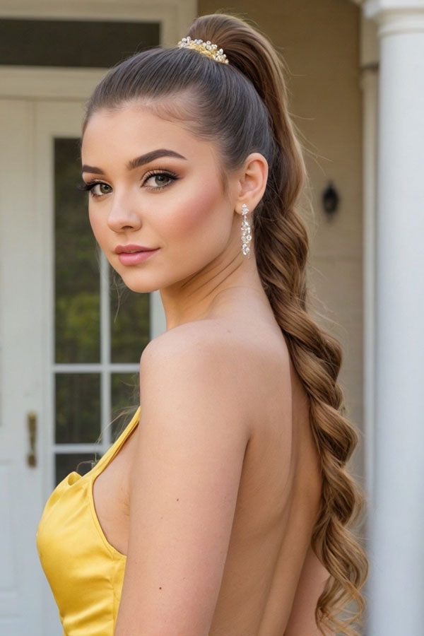 Warm Glow Makeup with Ponytail, prom ponytail hairstyle, prom hair, prom makeup look, soft glam prom makeup