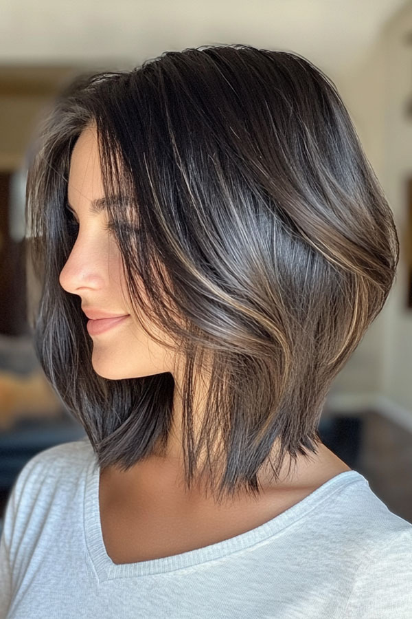 Angled Lob with Face-Framing Layers, long bob hairstyle, long bob haircut, lob hairstyle