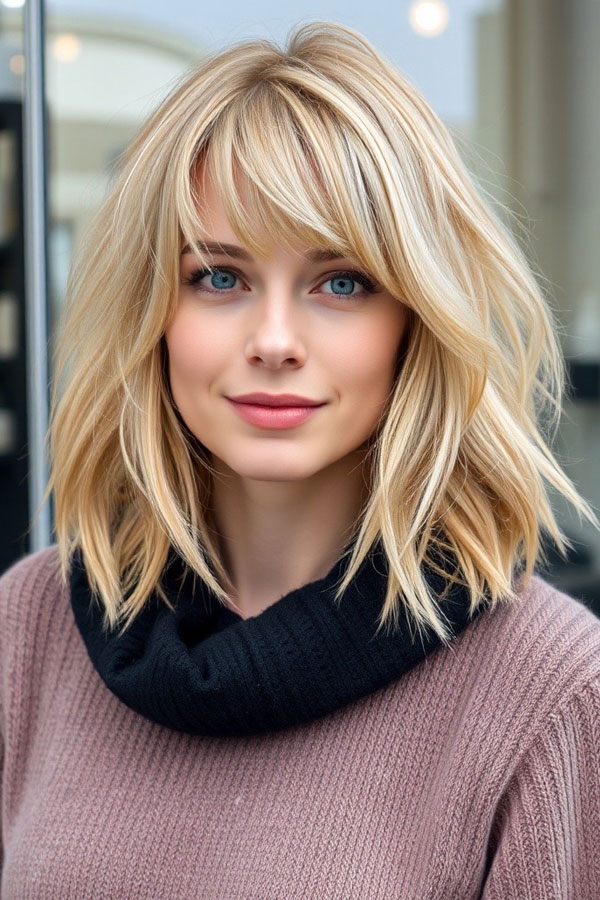 Blonde Shaggy Lob with Bangs, long bob hairstyle, long bob haircut, lob hairstyle