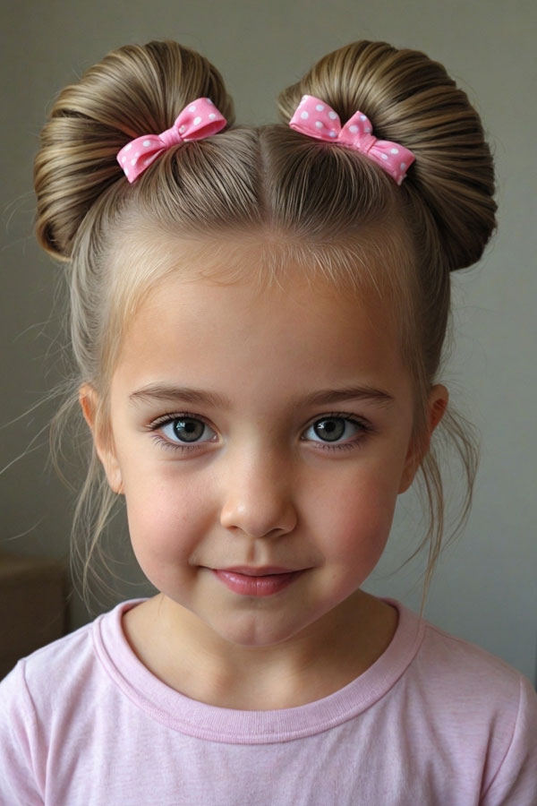 Bow-Adorned Double Buns, cute hairstyle for little girls, Adorable Hairstyle for Little Girls 