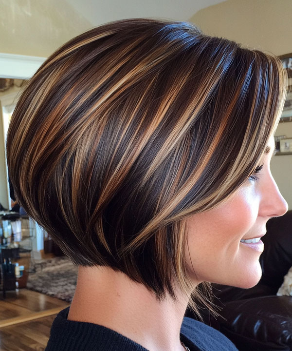 Caramel Highlights on Stacked Bob, bob haircut