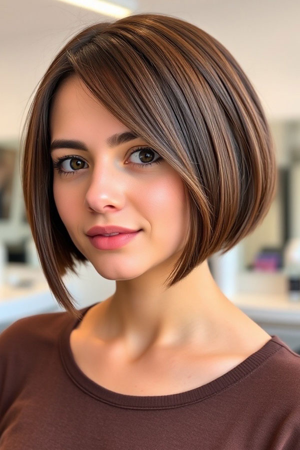 Chestnut Brown Classic Bob, side part brown bob