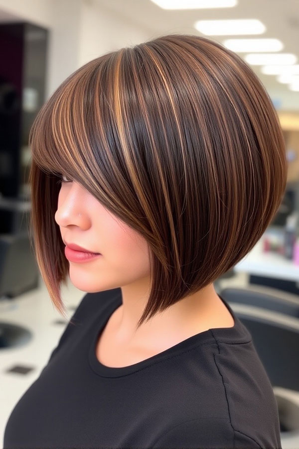 Chocolate Caramel Bob with Side-Swept Bangs