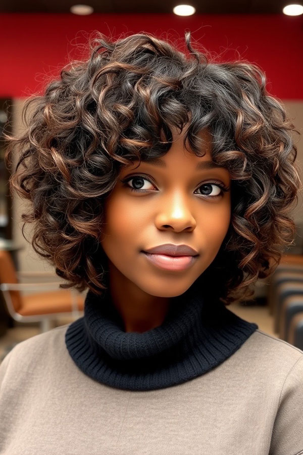 Curly Bob with Bangs, Curly Hairstyle, natural curl hairstyle, curly hair with bangs