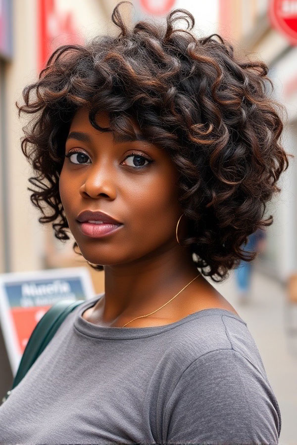 Curly Layered Bob, Curly Hairstyle, natural curl hairstyle, curly hair with bangs