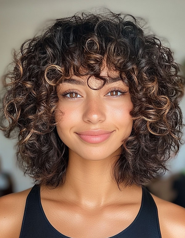 Curly Lob with Bangs, long bob haircut, lob hairstyle