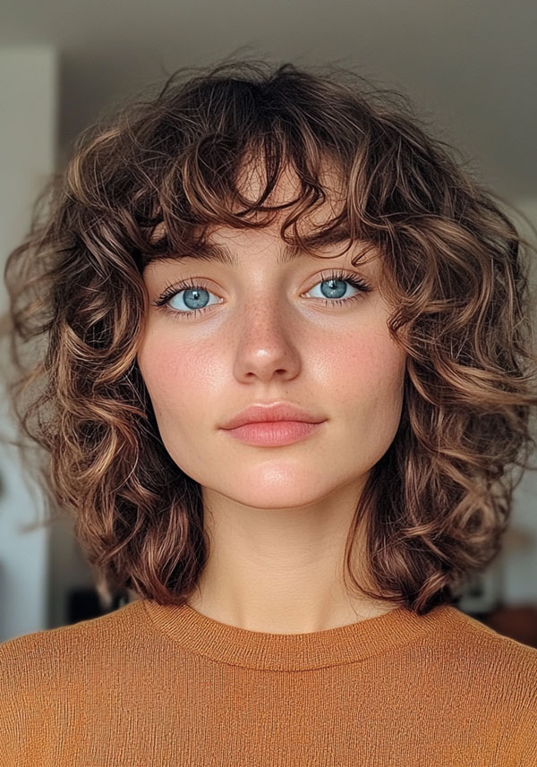 Curly Lob with Wispy Bangs, Curly Hairstyle, natural curl hairstyle, curly hair with bangs