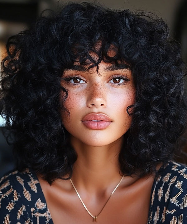 Curly Shag with Bangs, Curly Hairstyle, natural curl hairstyle, curly hair with bangs