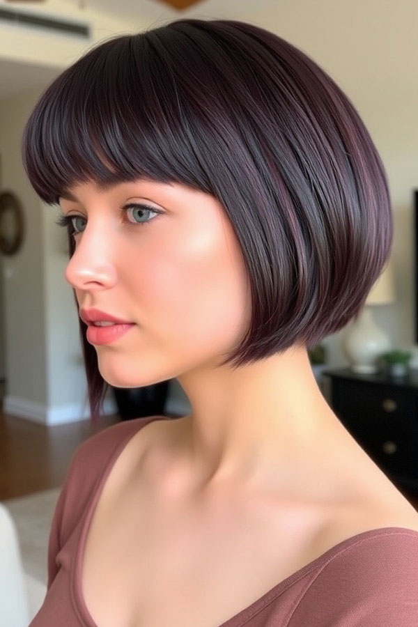 Deep Plum Bob with Bangs, bob with fringe