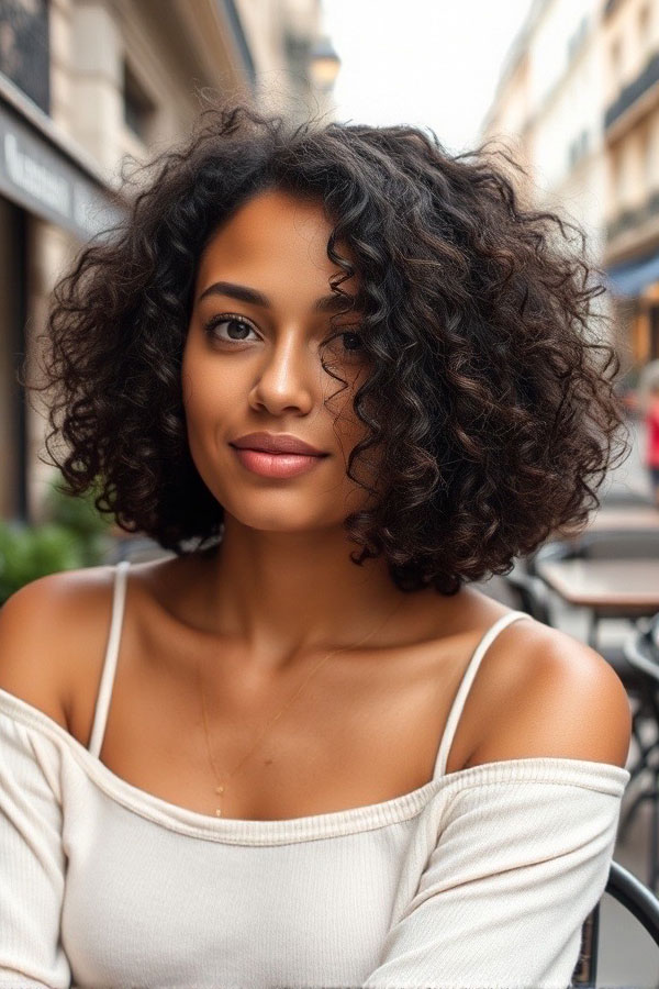 Defined Curly Bob, Curly Hairstyle, natural curl hairstyle, curly hair with bangs