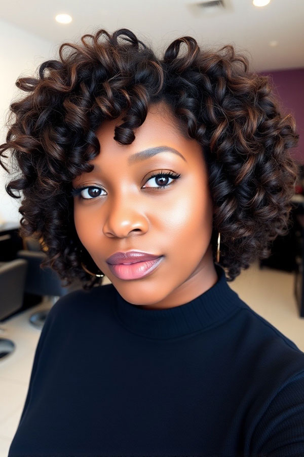 Defined Curly Coils Bob, Curly Hairstyle, natural curl hairstyle, curly hair with bangs