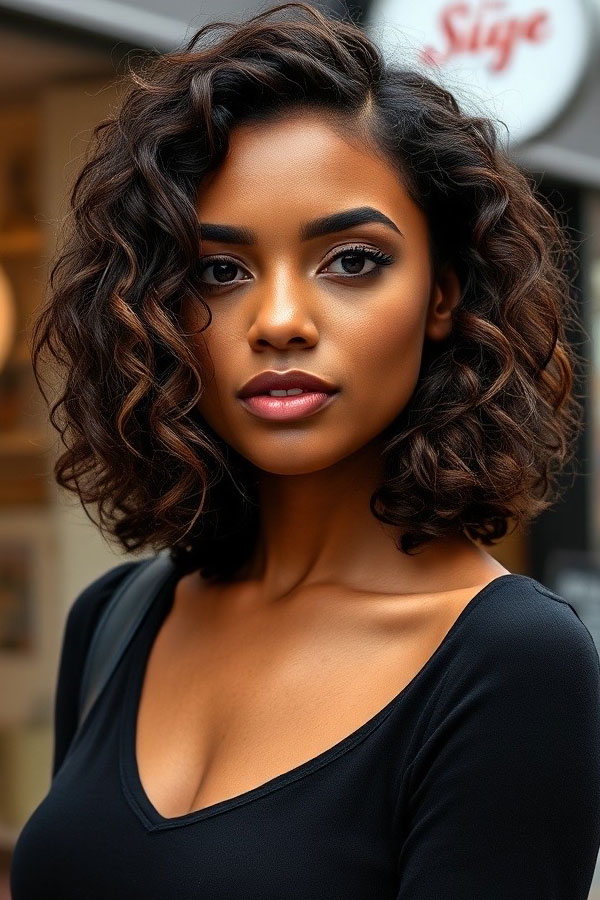 Glamorous Side-Parted Curly Bob, Curly Hairstyle, natural curl hairstyle, curly hair with bangs